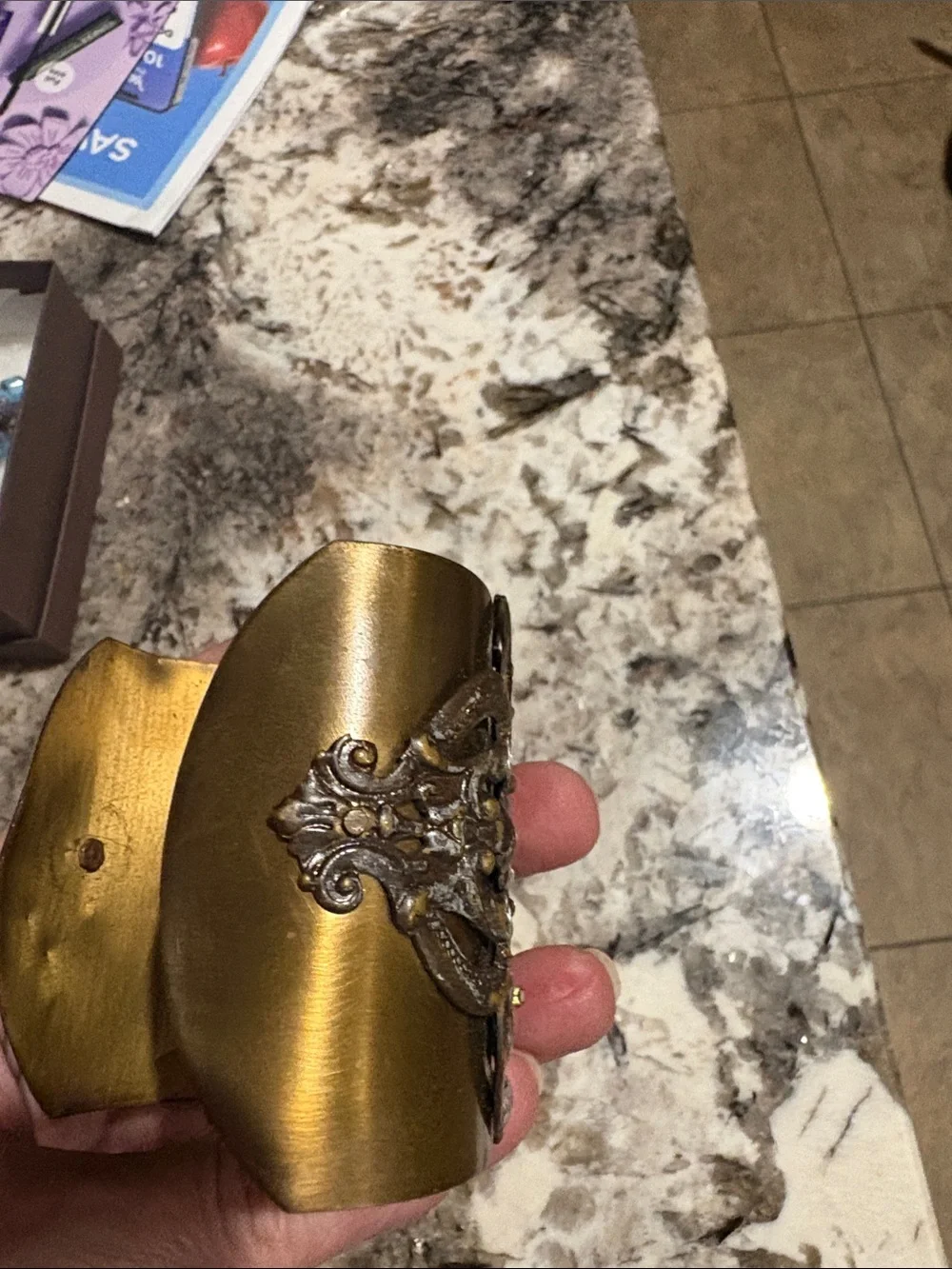 Ornate Vintage-Style Gold-tone Lady Cuff Bracelet with Rhinestones